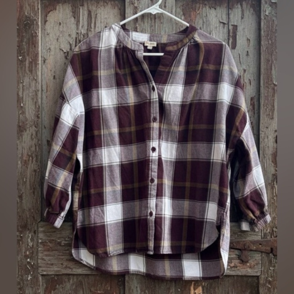 Cremieux Burgundy Plaid Flannel Preppy Button up 3/4 Sleeve Blouse Size Medium